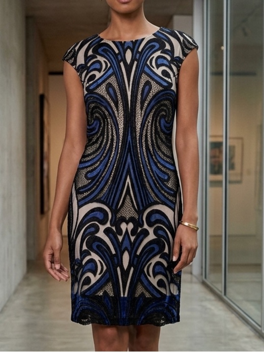 Julia Jordan Black Blue Lace Scroll Sheath Dress Size 14 Cap Sleeve Knee Length
